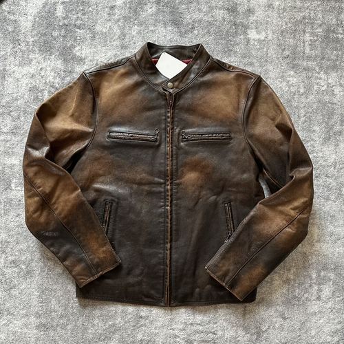 定制J100皮衣机车皮夹克立领复古做旧擦色男士小牛皮外套美式复古