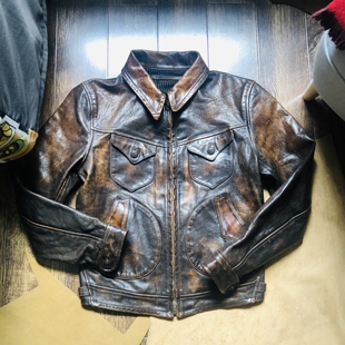 门多萨皮衣定制 复古效果油蜡硬挺有型 澳洲牛皮 定制翻领短款