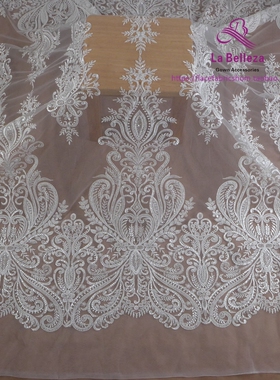 白色重工钉珠蕾丝布料 亮片刺绣婚纱礼服面料 DIY服饰辅料材料