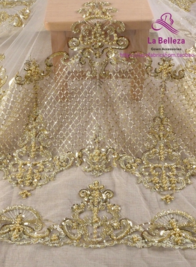 金色重工钉珠蕾丝布料 网格珠绣婚纱礼服面料 高端服饰辅料花边