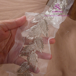 2码 米白色管珠缝珠链条衣领装饰花边带蕾丝边布料diy服装手工辅