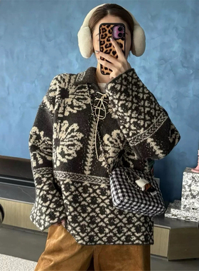 trou**黑洞 秋冬复古提花毛衣宽松慵懒费尔岛毛线衣冰岛花毛衫