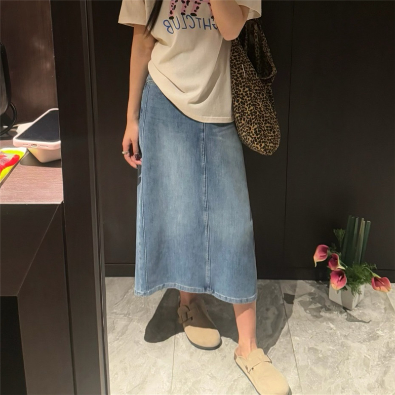 A字版后开叉复古牛仔半身裙
