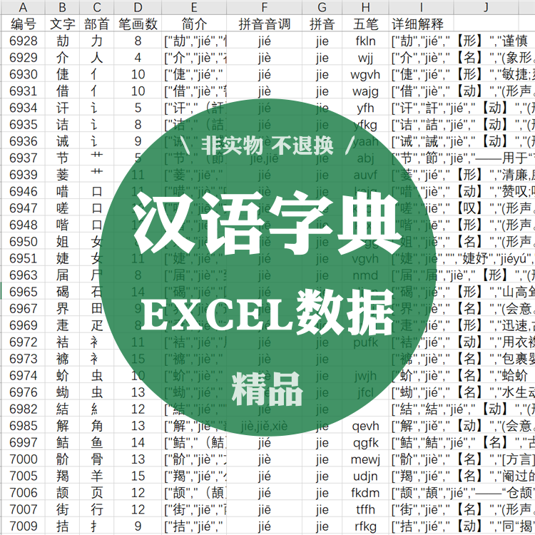 XLS003汉语字典汉字常用字8000字新华字典EXCEL数据表格信息CSV