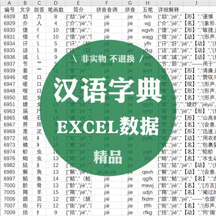 XLS003汉语字典汉字常用字8000字新华字典EXCEL数据表格信息CSV