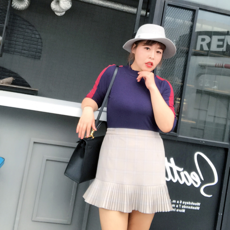 糖糖大码女装尚瘾2017秋季新款胖MM套头侧边条纹针织衫上衣女4308