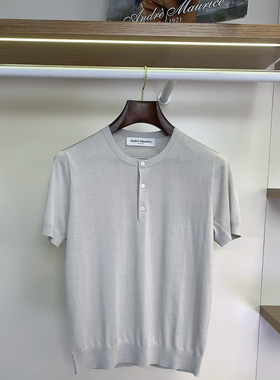 聚鹏名品Andre Maurice 浅灰亨利领棉丝短袖意大利男装棉真丝透气