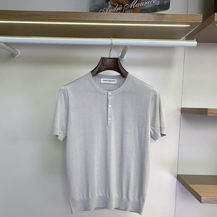 聚鹏名品Andre Maurice 浅灰亨利领棉丝短袖意大利男装棉真丝透气