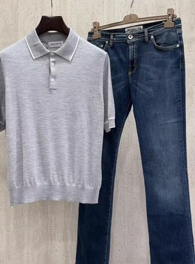 聚鹏名品Andre Maurice 灰色白领边polo高端线男士羊绒真丝短袖