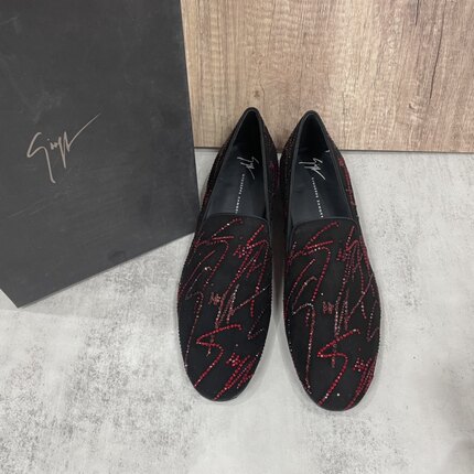 聚鹏名品GZ经典黑色绒面红色字母烫珠乐福鞋男士百搭新款休闲鞋