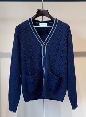 聚鹏名品Andre Maurice深蓝色羊绒针织开衫男士老钱风针织衫保暖