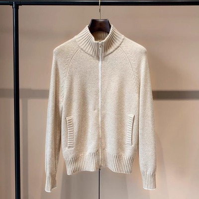 燕麦色拉链羊绒开衫男士