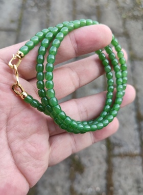和田碧玉项链冰底阳绿满色老料横切珠项链6*7毫米118颗毛衣链无裂