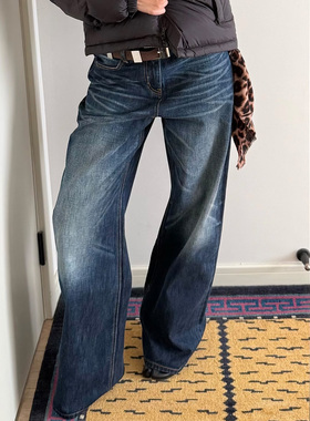 alright 080H高腰100%棉复古深蓝直筒阔腿牛仔裤长裤休闲裤女