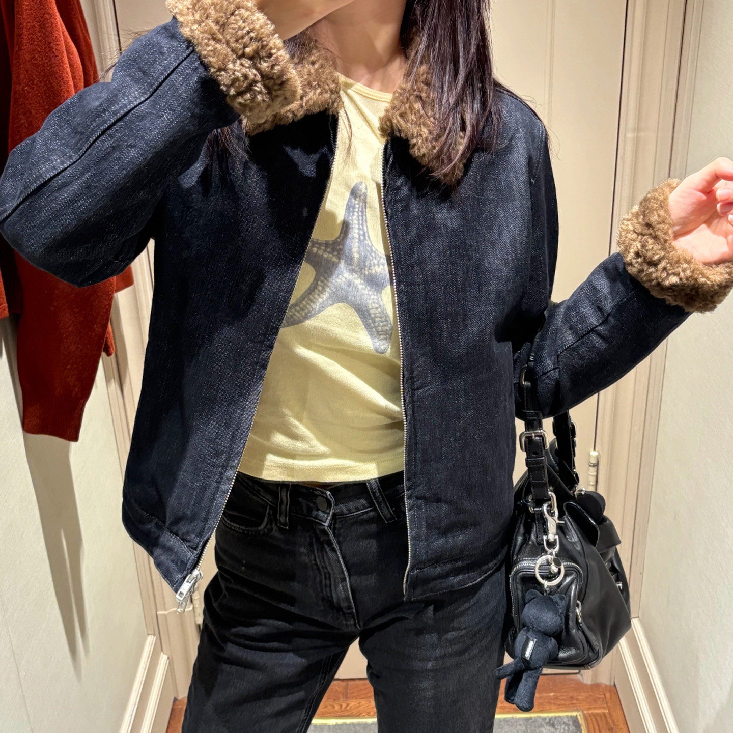 alright 丹宁拼接棉混纺黄色格纹短款H版型牛仔拼毛翻领外套秋冬,女装/女士精品,短外套,淘宝优惠券,粉丝福利购,淘宝优惠卷