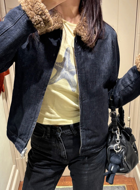 alright 丹宁拼接棉混纺黄色格纹短款H版型牛仔拼毛翻领外套秋冬