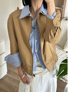 RARELY同款假两件撞色条纹短夹克女款翻领外套