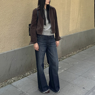 aoouiu秋冬新款005L复古深蓝低腰阔腿直筒长款牛仔裤女长裤