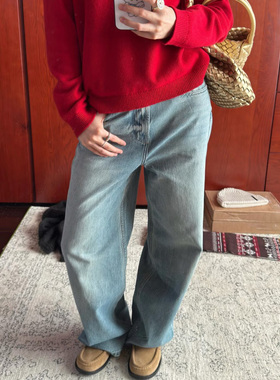 alright同款 076H蓝色洗水赤耳丹宁宽松直筒牛仔裤女秋冬长裤