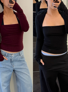 单依纯同款RARELY 假两件袖套针织上衣 黑色/酒红