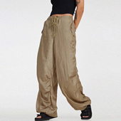 rocks海狸同款 辣妹抽绳宽松光泽降落伞工装 裤 motel 女rose 朴彩英