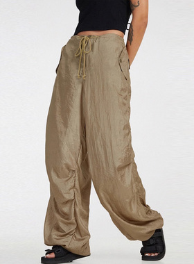 motel rocks海狸同款辣妹抽绳宽松光泽降落伞工装裤女rose 朴彩英