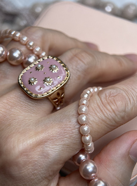 淑女优雅柔美珍珠合金滴釉戒指环食指闺蜜肉粉色外单微瑕不退换