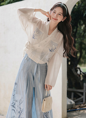国风薄款白色上衣蓝色阔腿裤一整套女秋款设计感刺绣休闲新中式