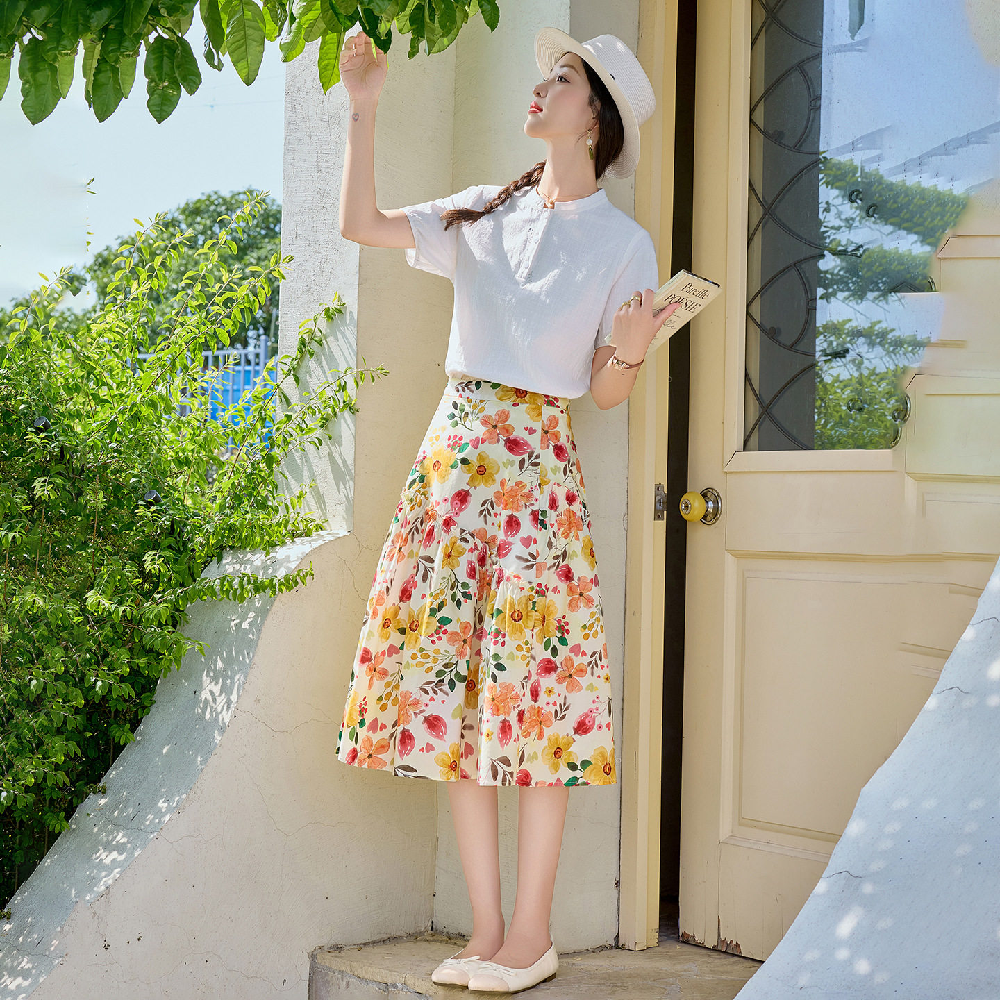 2026夏季新款T恤中长款高腰显瘦A字碎花半身裙女两件套裙