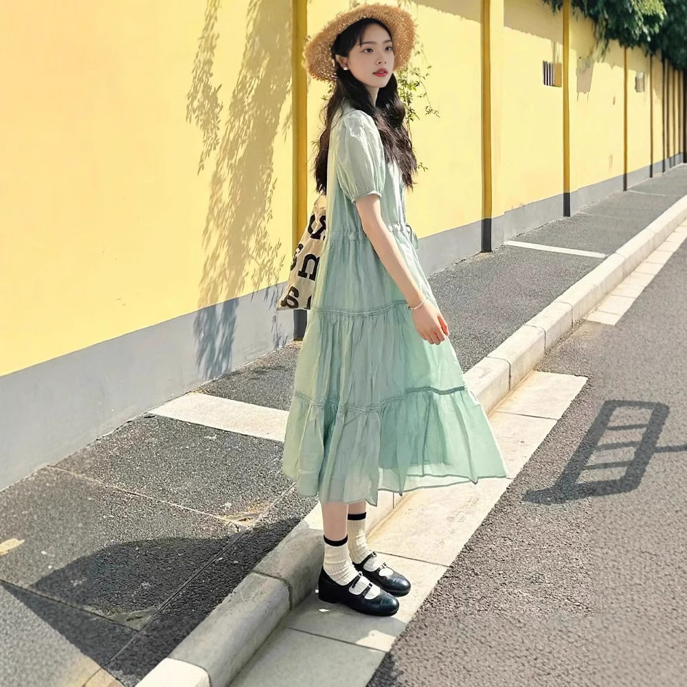 2025夏季新款法式温柔风仙女蛋糕裙女时尚气质小个子薄荷绿