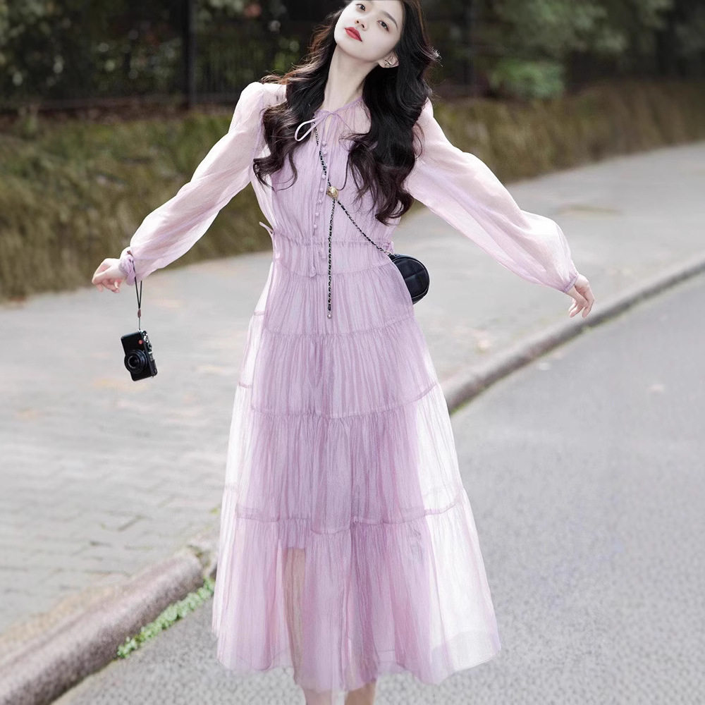 法式温柔风紫色长袖连衣裙子2025夏季新款海边度假风显瘦超仙