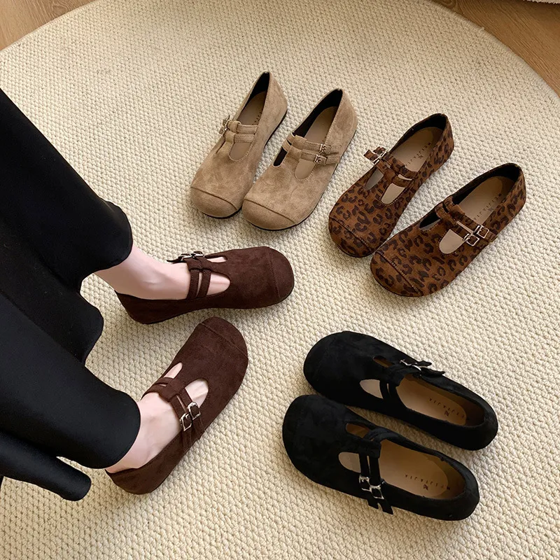 韩系软底复古圆头玛丽珍单鞋女百搭温柔绒面平底豆豆鞋女