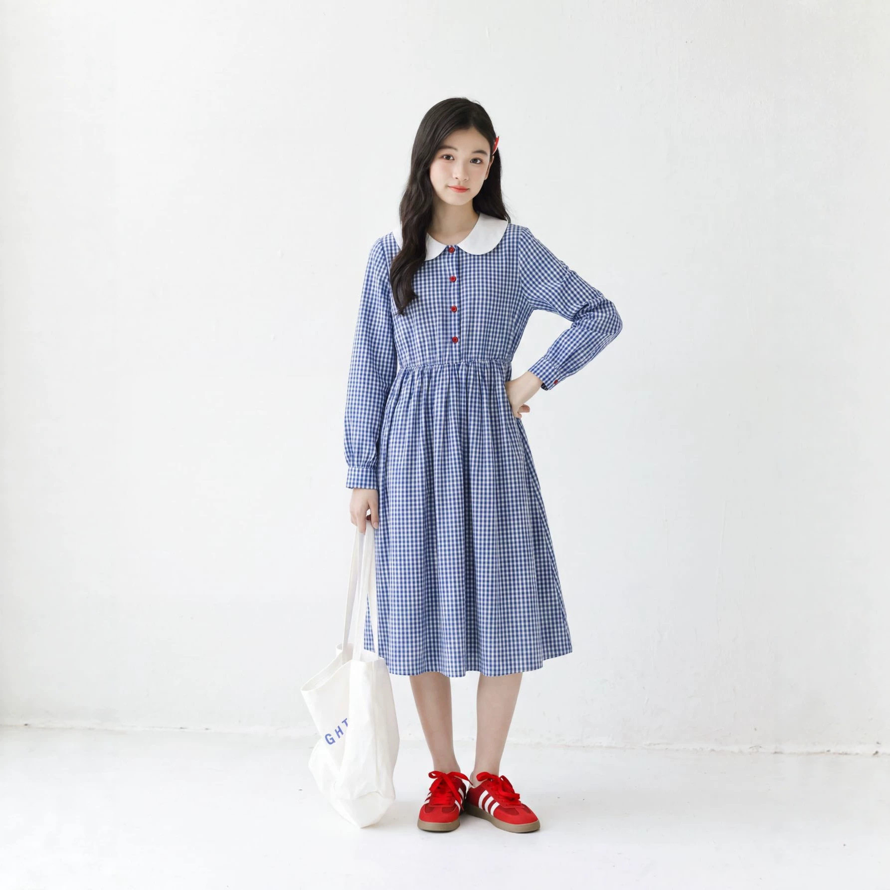 女童春秋学院风蓝格长袖连衣裙