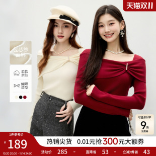 时尚 新款 气质甜美百搭上衣 女2025冬季 秋水伊人蝴蝶结一字肩针织衫