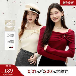 时尚 新款 气质甜美上衣 女2025冬季 秋水伊人蝴蝶结一字肩红色针织衫