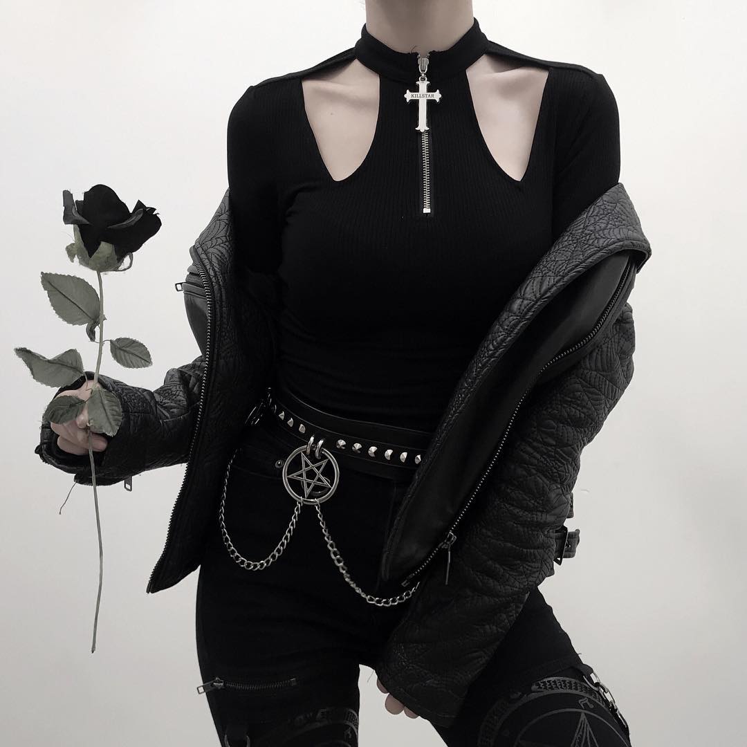 潮牌哥特吸血鬼镂空螺纹针织上衣