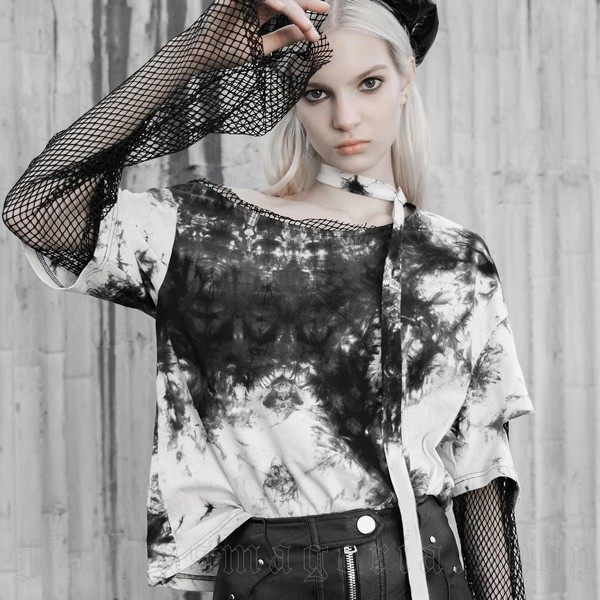 PUNK RAVE暗黑哥特MOSHPIT水洗摇滚朋克街头破洞渔网拼接短袖T恤