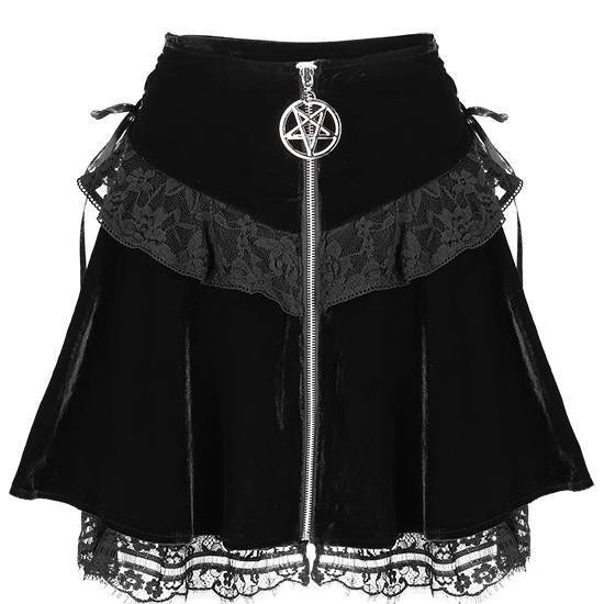 东欧RESTYLE暗黑哥特亚文化pentagram丝绒五芒星蕾丝绑带半身裙