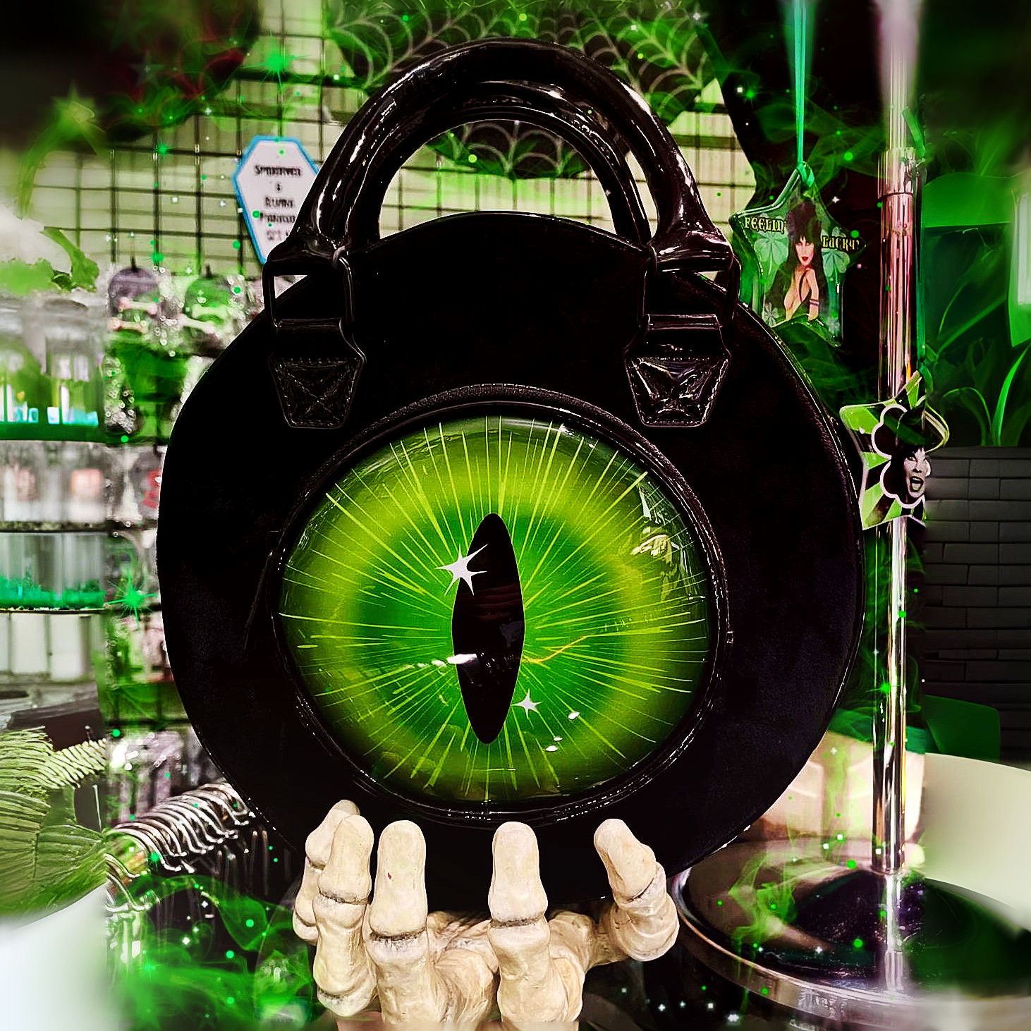 暗黑哥特怪诞黑猫绿眼珠小挎包