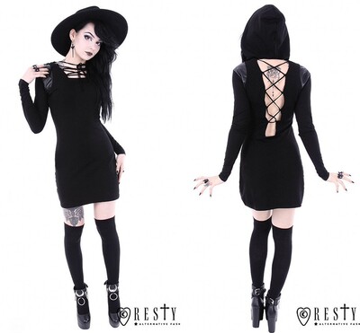 东欧RESTYLE ARMOR DRESS哥特绑带露背连帽长袖包身连衣裙