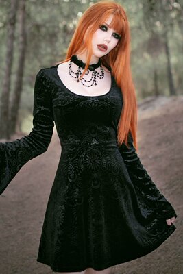 哥特丝绒长袖连衣宫廷小黑裙