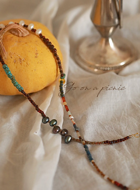 赴一场野餐vintage中古油画风复古色彩珍珠水晶玛瑙小众原创项链