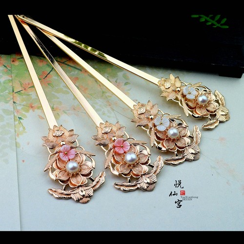 原创唐风纯铜发簪子礼物淡水珍珠