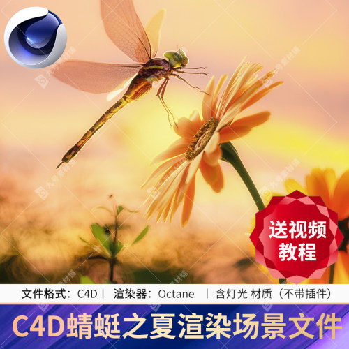 c4d梦幻炫彩蜻蜓之夏场景OC渲染工程鲜花草地3d模型源文件送教程