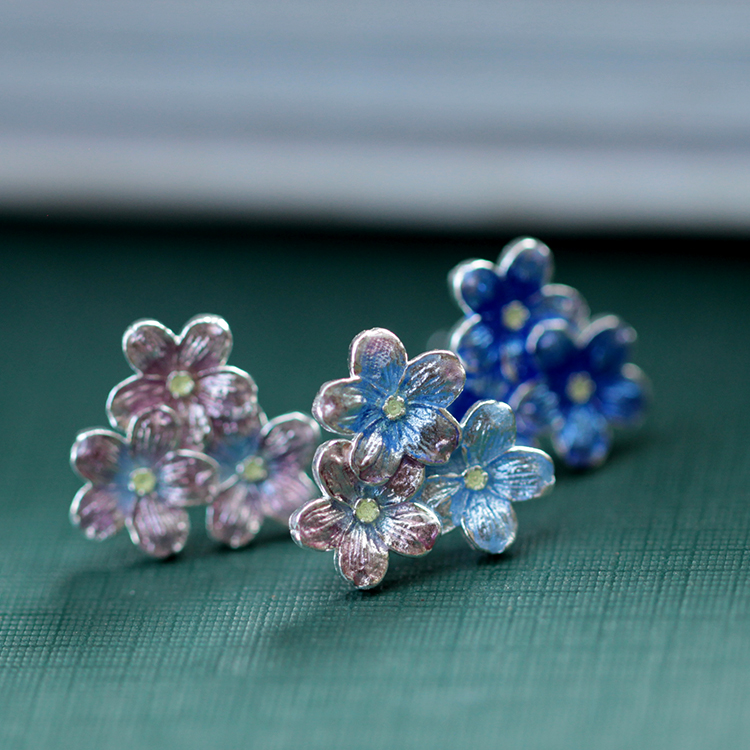 纯银高温珐琅勿忘我耳钉手工