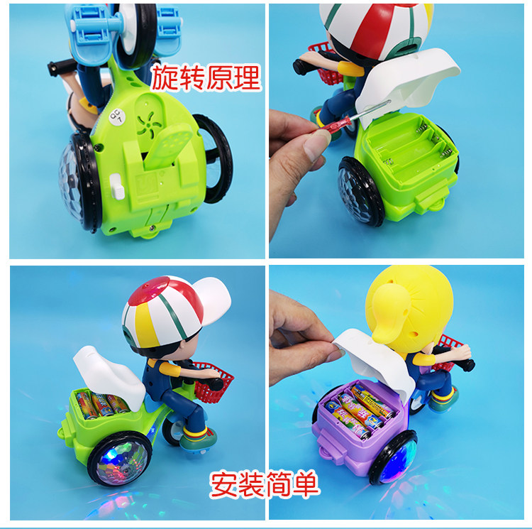 빛과 음향 효과가 있는 어린이용 스턴트 회전 세발자전거 자전거를 타고 자전거 장난감을 타는 전기 어린 소녀