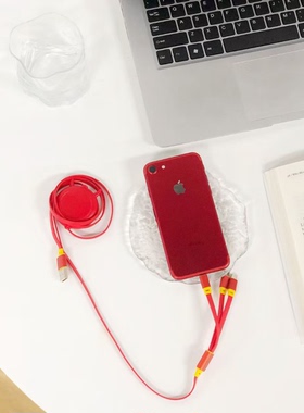 中国红色一拖三可伸缩数据充电线支持安卓华为苹果T-C接头P22