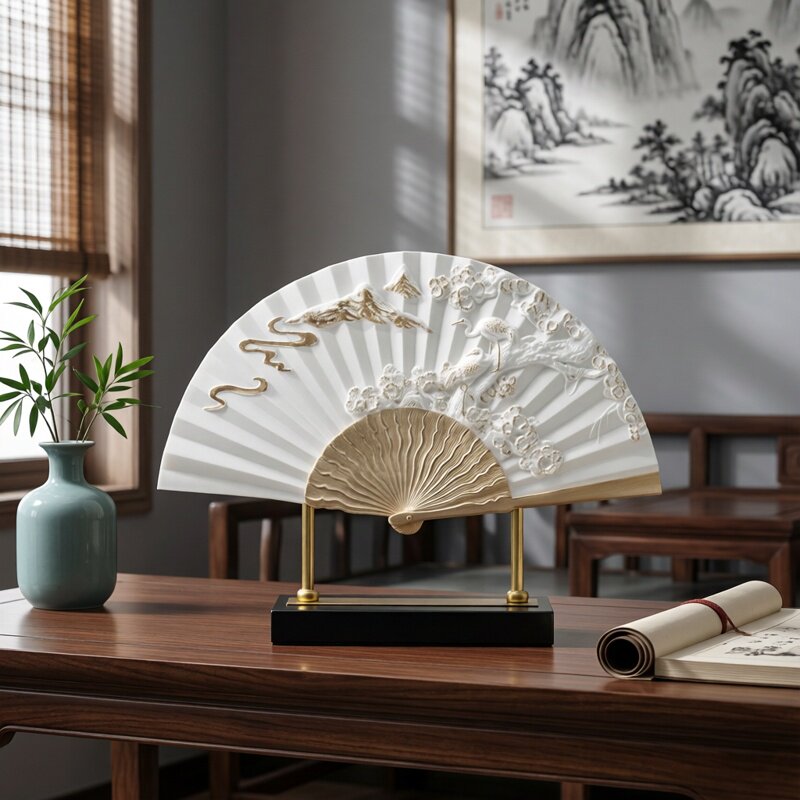 现代新中式中国风古典白色描金扇子装饰品摆件家居客厅工艺品摆设