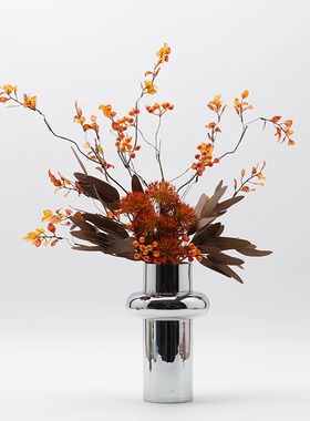 现代简约橙色仿真花艺样板房软装客厅茶几插花轻奢餐桌花家居摆件
