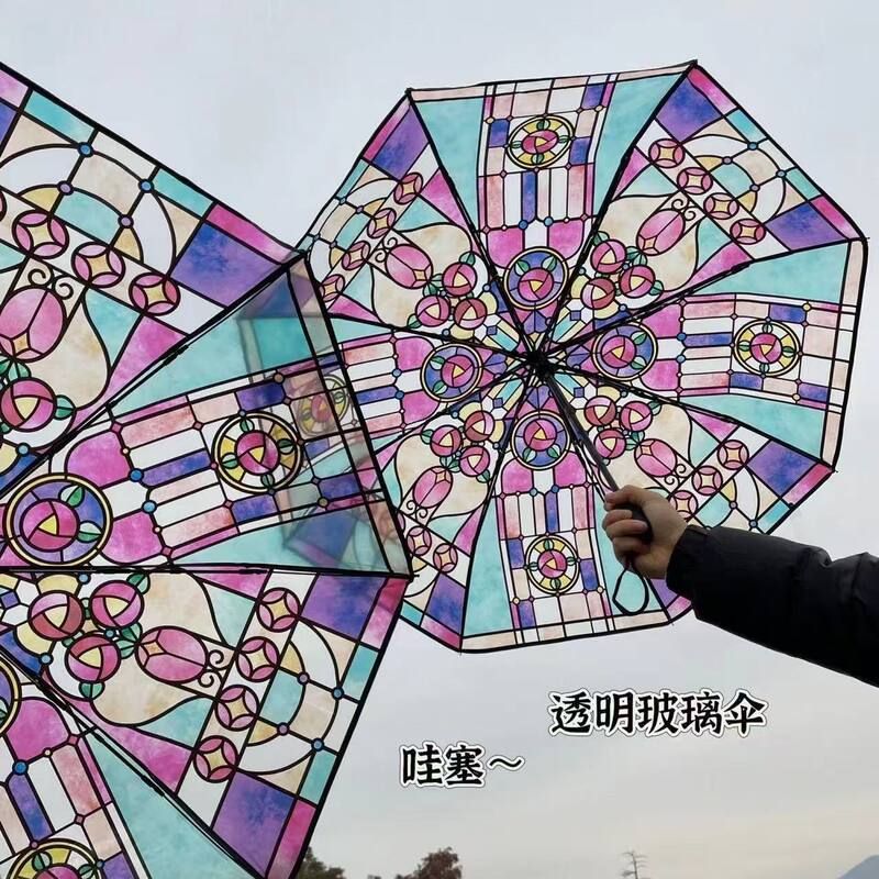 跨境代贴厂家批发教堂玻璃伞成人直杆透明伞自动可定图案可印LOGO